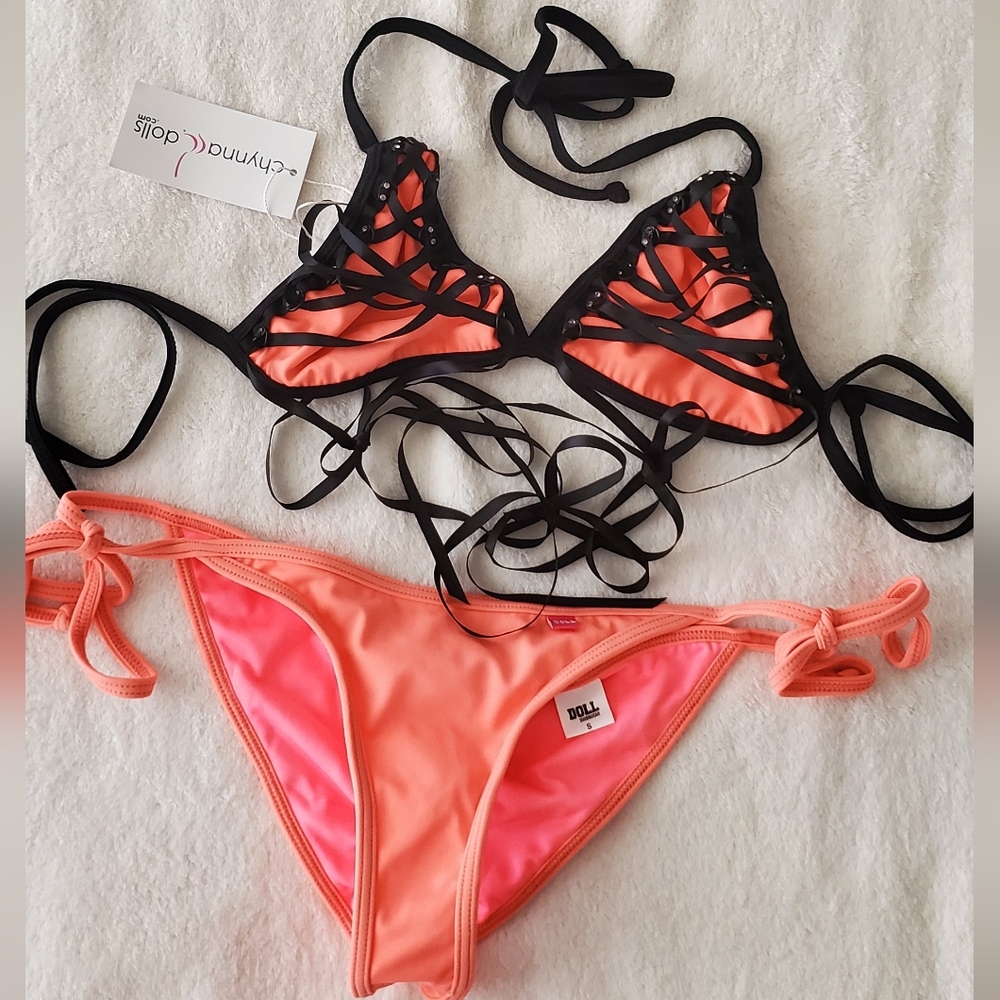 Chynna Dolls Orange with Black corset cups Bikini Set